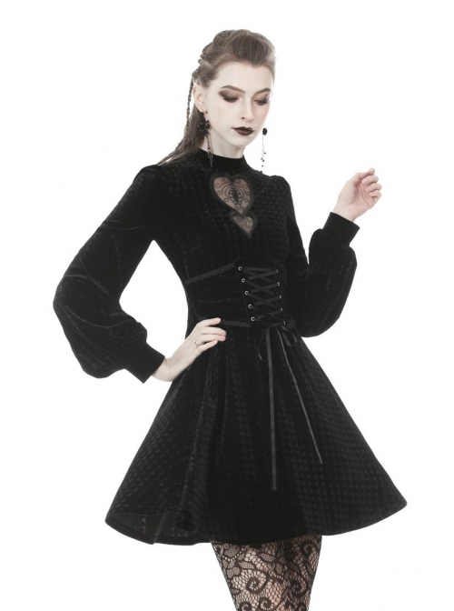 Lace Heart-Shaped Hollow Lace-Up Waist Long Sleeves Black Gothic Dress ...