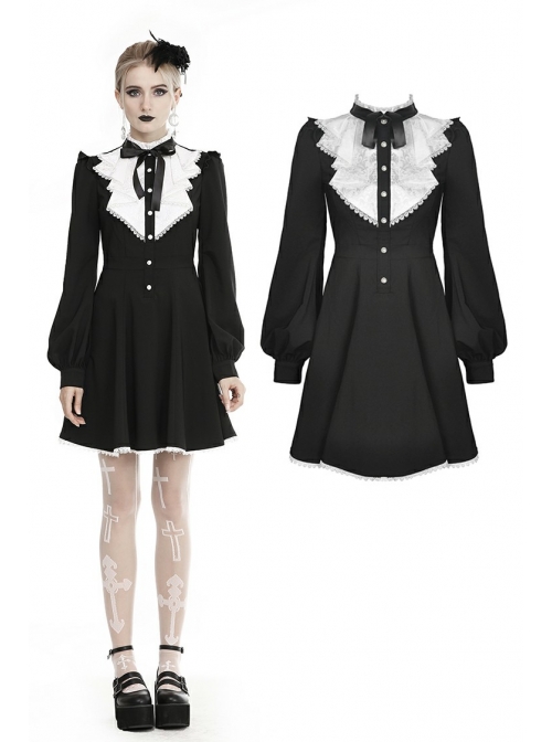 White Frills Collar Lace-Up Button Long Sleeves Black Gothic Dress ...