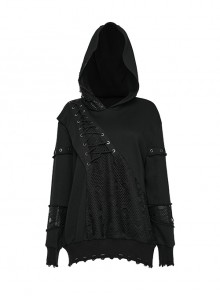 Black Stretch Knit Mid-Front Cross-Printed Metal Eyelet Lace-Up Punk Style Long Sleeved Hooded Jacket