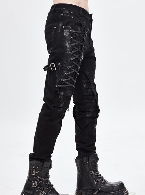 Black Twill Lace-Up Selvage Mecha Punk Men Pants - Magic Wardrobes
