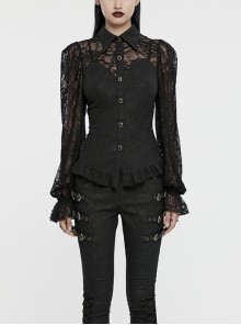 Sexy Black Lace Dark Pattern Woven Front And Middle Hand Seam Buttons With Rope Adjustment Gothic Lantern Sleeve Shirt