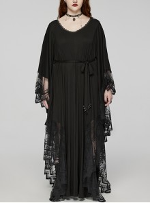 Black V Neck Stretch Knit With Lace Gothic Bat Silhouette Dress