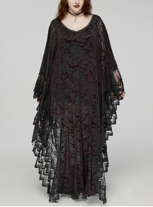 Black And Red V Neck Stretch Knit With Lace Gothic Bat Silhouette Dress