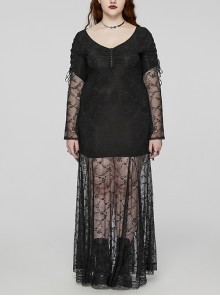 Sexy Lace Knitted Fabric With Pleated Front And Rivet Gothic Style Slit Long Sleeve Dress
