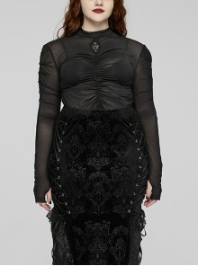 Black Stretch Micro Transparent Mesh Front Chest Pleated Link Embroidered Appliqué Gothic Style Long Sleeved T-Shirt