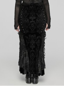Gorgeous Black Embossed Velvet Stitching Layered Lace Front Eyelet String Decoration Gothic Style Fishtail Skirt