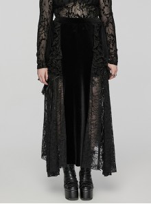 Sexy Black Velvet Spliced ​​Lace Ruffled Front Long Back Short Gothic Style Rope Skirt