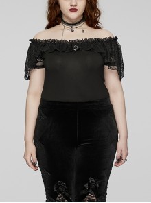Black Stretch Knitted One Shoulder Collar With Ruffles And A Pendant On The Chest Gothic Style Simple T-Shirt