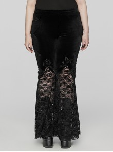 Sexy Black Stretch Velvet With Lace Front Feather Flower Decoration Gothic Style Flared Pants