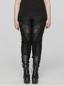 Black Stretch Woven Patchwork Lace Print Front Slant Pocket Gothic Style Trousers