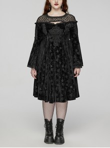 Black Lace Mesh Patchwork Velvet Rose Embossed Chest Embroidery Patch With Flared Sleeves Gothic Style Long Sleeved Dress