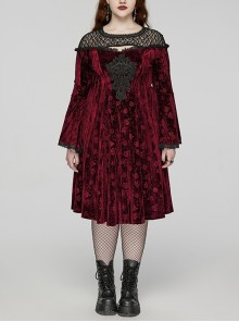 Black Red Lace Mesh Patchwork Velvet Rose Embossed Chest Embroidery Patch With Flared Sleeves Gothic Style Long Sleeved Dress