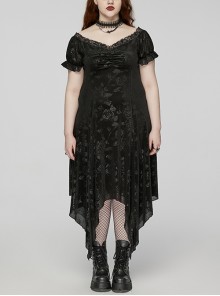 Sexy Black Lace Neckline Rose Velvet Embossed Front Chest Pleated Irregular Hem Gothic Style Short Sleeve Dress