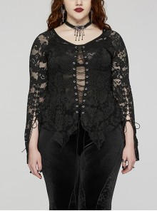 Black Elastic Lace Slim Fit Slightly Transparent Front Cuffs With Tie Design Gothic Style V-Neck Long Sleeved T-Shirt