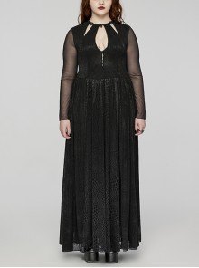Sexy Black Elastic Spider Web Pattern Hollow Mesh Fabric With Adjustable Laces In The Front Center Gothic Style V-Neck Long Sleeved Dress
