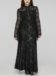 Black Lace Irregular Hole Knitted Back Panel Adjustable Tie Rope Gothic Style Open Collar Long Sleeve Dress