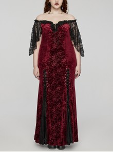 Sexy Black And Red Elastic Velvet With Lace Sleeves And Eyelet Decoration On The Hem Gothic Style V-Neck Embossed Dress