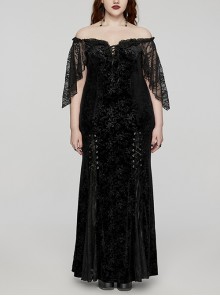 Sexy Black Elastic Velvet With Lace Sleeves And Eyelet Decoration On The Hem Gothic Style V-Neck Embossed Dress