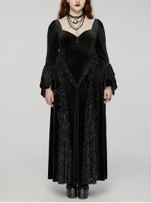 Gorgeous Black Embossed Velvet With Lace Bat Collar And Adjustable Back Tie Gothic Style Trumpet Sleeve Dress