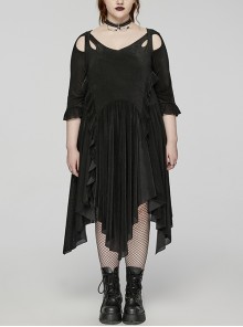 Black Elastic Flocking Side Waist Ruffles With Back Waist Tie Gothic Style Long Sleeve Off Shoulder Dress