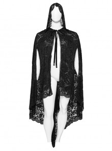 Exquisite Black Loose Elastic Pattern Mesh Fabric Front Center Velvet Tie Up Decorated Gothic Style Lace Cape