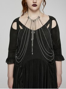 Black And Silver Skull Spike Pendant Extended Metal Chain And Cross Embellished Punk Tassel Chest Chain