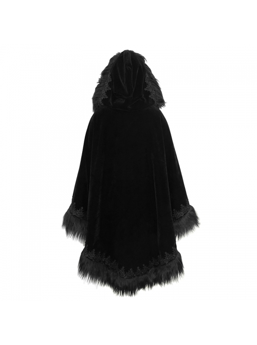 Lace Decorated Gothic Velvet Long Fur Warm Fleece Black Cloak - Magic ...