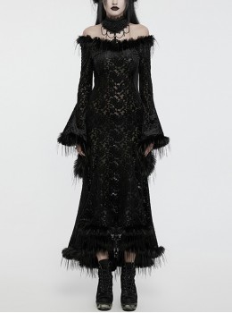 Black Slim Fit Elastic Pattern Flocked Mesh With Flowing Lace Raw Edge V Neck Gothic Style Adjustable Long Sleeve Dress