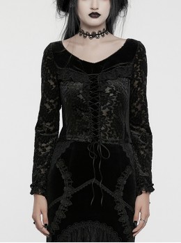 Black Gorgeous Velvet Splicing Flocking Flower Net Front Middle V Neck With Lace Lace Gothic Style Long Sleeved T-Shirt