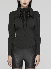 Black Non Stretch Woven Lace Front Center Lapel Design Gothic Style Slim Long Sleeve Shirt