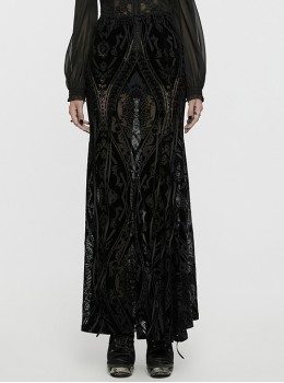 Elegant And Gorgeous Flocked Mesh Front Center Totem With Lace Binding Black Gothic Style Stretch Skirt