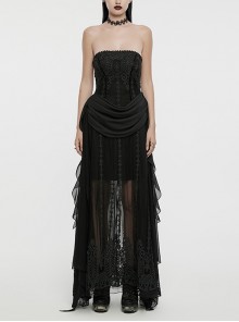 Black Three Dimensional Splicing Chiffon Fabric Front Center Beading With Layered Pleated Tulle Design Gothic Style Sleeveless Dress