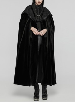 Black Soft Velvet Lace Lining Front Center Vest Lace Design Gothic Style Hooded Lapel Cloak