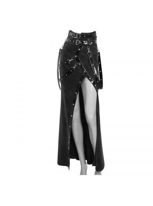 Glazed Leather Loop Side High Slit Japanese Black Punk Half Skirt ...