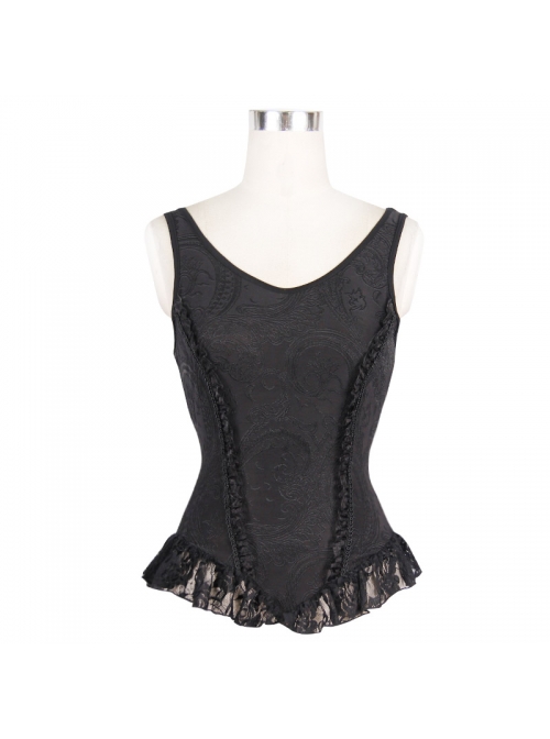 Jacquard Knit V-Neck Lace Flounces Hem Black Tight Gothic Vest - Magic ...