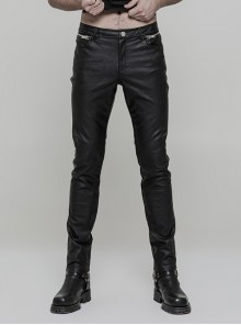 Steam Punk Male Casual Black PU Leather Metal Zipper Pants