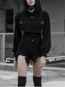 Steam Punk Casual Female Black Detachable Belt Irregular Patterned Shorts