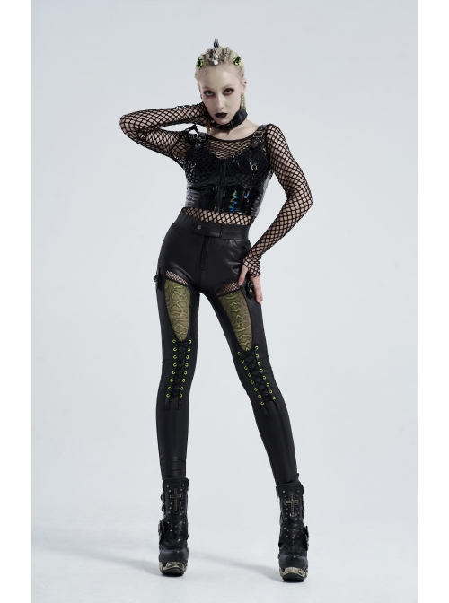 Lady Black Fishnet Mesh Panel Leggings Goth Punk Elastic Cross