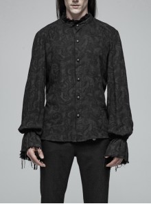 High Collar Metal Retro Button Lantern Sleeve Burrs Cuff Black Gothic Printing Shirt