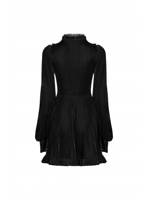 Gothic Female Black Velvet High Collar Lace Long Sleeve Dress - Magic ...