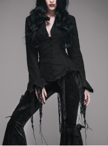 V-Neck Long Sleeve Flare Cuff Back Waist Lace-Up Irregular Lace Tassels Hem Black Gothic Jacquard Blouse