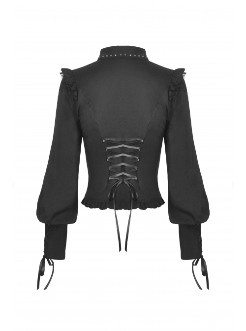 Black Gothic Ruffled Design Collar Stud Decoration Neck Long Sleeves ...