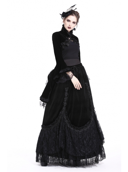 Gothic Trumpet Sleeve Black Velvet Lace Frill Stand Collar Capelet ...