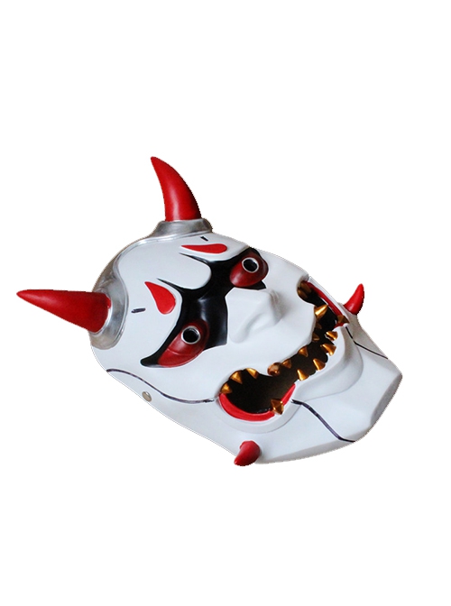 White Face Red Horns Japan Prajna Reaper Evil Ghost Halloween Stage Prom Adult Full Face Resin 0488