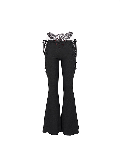Gothic Black Low-Rise Lace Gem-Embellished Bilateral Lace-Up Cutout Flared  Pants Female - Magic Wardrobes