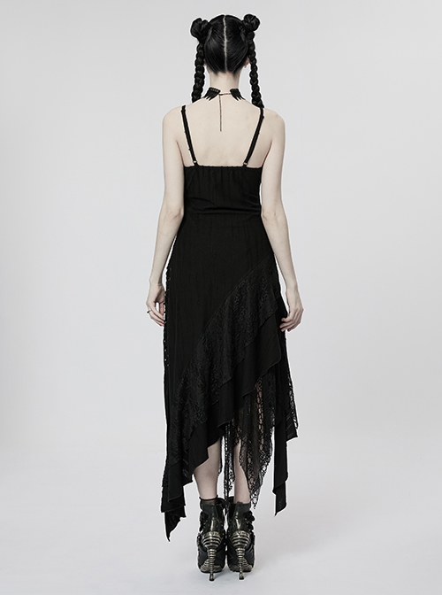 Black Perforated Rope Drawn Knit Stitching Irregular Mesh Gothic Dress ...