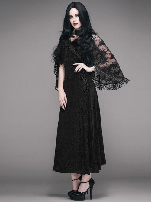Gothic Black Velour Sling Dress With Lace Feather Tassel Shawl Set ...