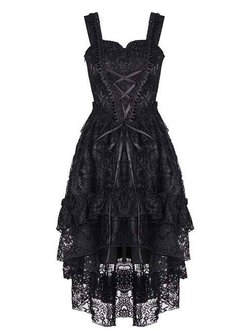 Black Lace Lace-up Gothic Lolita Sling Dress - Magic Wardrobes