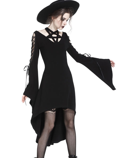 Gothic Black Pentagram Crossed Neckline Lace-up Long Sleeves Dress ...