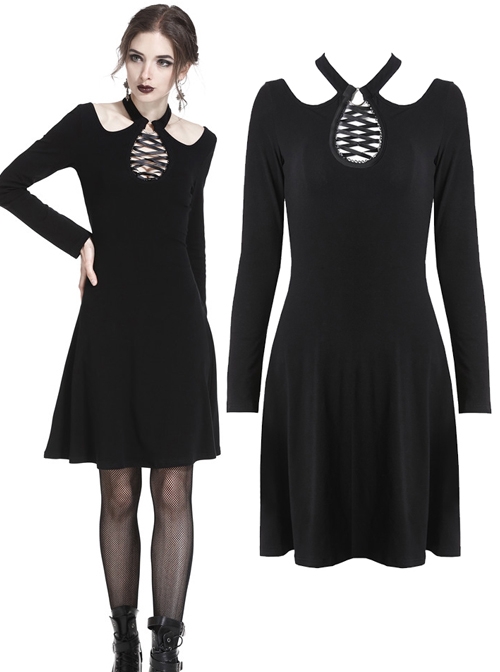 Gothic Black Hollow Out Lace-up Chest Slim Long Sleeve Dress - Magic ...
